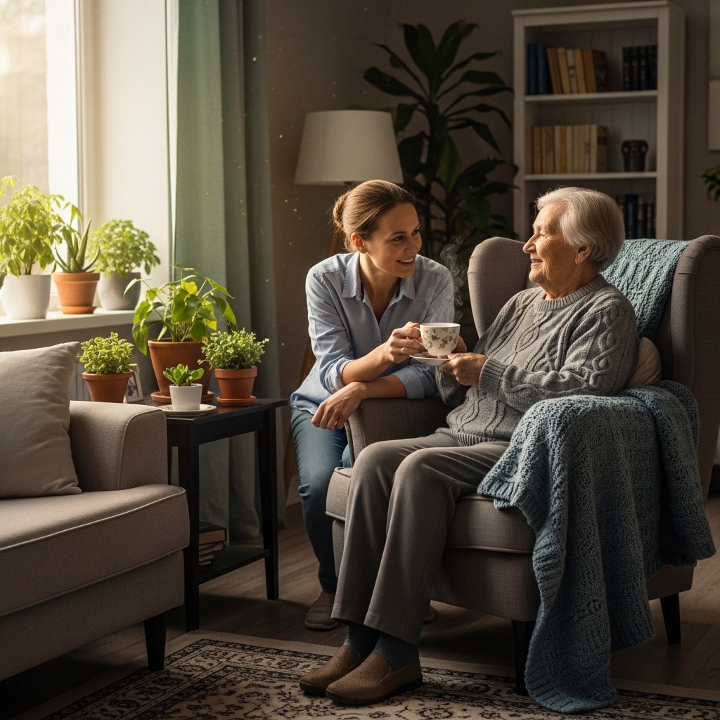 Older adult and caregiver sharing a calm moment together at home