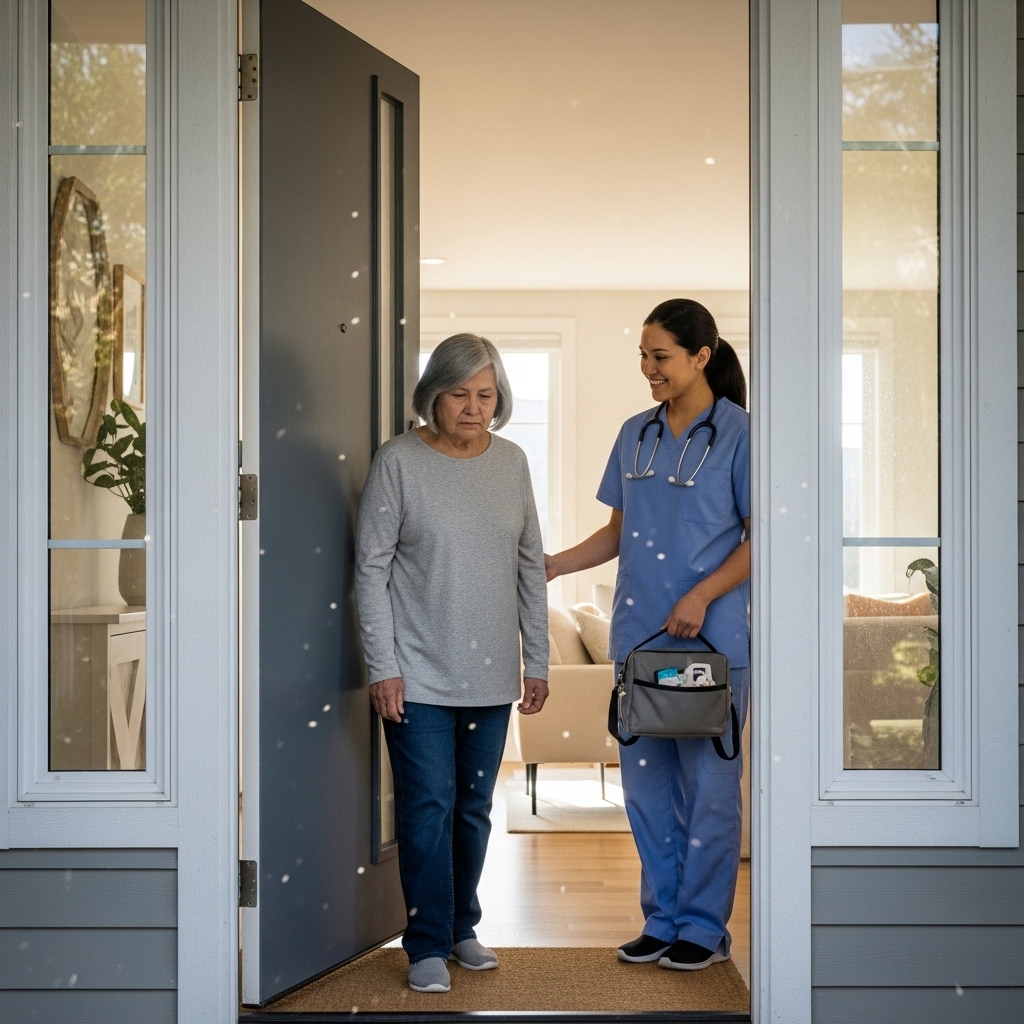 Caregiver welcoming a patient at the doorway after arriving home