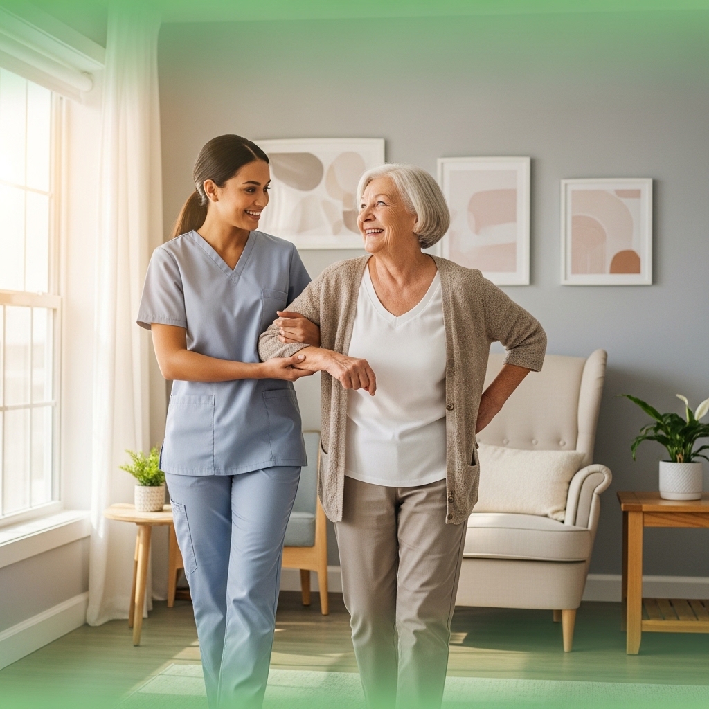 Caregiver assisting a client with safe movement inside the home