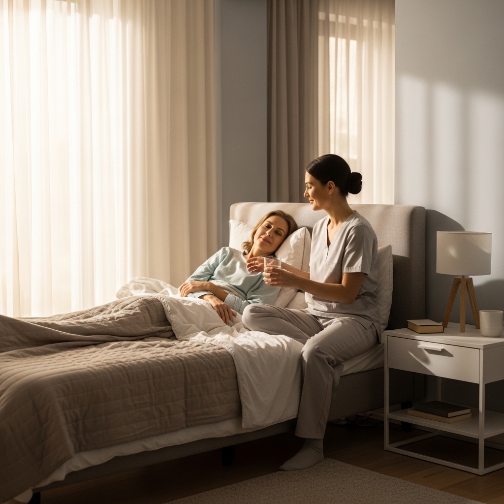Calm home recovery room with a neatly prepared resting area